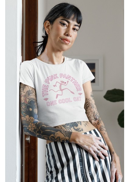 The Pink Panther One Cool Cat Yazılı Crop Top, Kadın Pembe Panter Temalı Crop Bluz