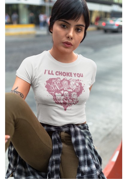 I'll Choke You Yazılı Crop Top, Kadın Korku Film Halloween Temalı Crop Bluz fiyatları