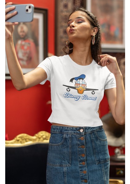 Sevimli Donald Bound Baskılı Crop Top, Kadın Çizgi Film Baskılı Crop Bluz