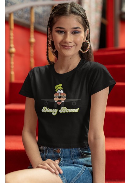 Goofy Bound Baskılı Crop Top, Kadın Çizgi Film Temalı Crop Bluz