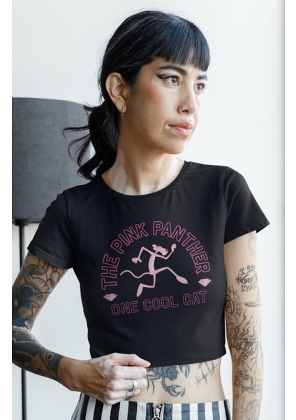 The Pink Panther One Cool Cat Yazılı Crop Top, Kadın Pembe Panter Temalı Crop Bluz