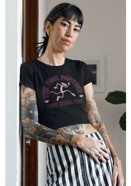 The Pink Panther One Cool Cat Yazılı Crop Top, Kadın Pembe Panter Temalı Crop Bluz