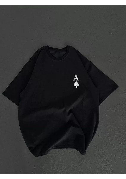 Unisex Bisiklet Yaka Baskılı Oversize T-Shirt - Siyah modelleri