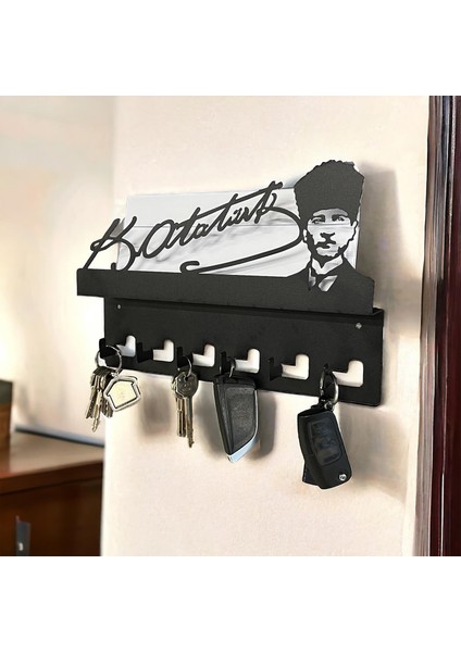Atatürk Tasarımlı Duvar Askılı Anahtarlık ve Mektup Rafı Model-1 - Siyah