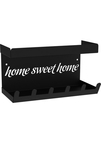HOME SWEET HOME Duvara Monte Raflı ve 6 Kancalı Anahtarlık Askılık - Siyah