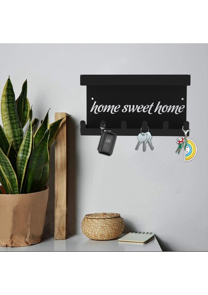 HOME SWEET HOME Duvara Monte Raflı ve 6 Kancalı Anahtarlık Askılık - Siyah fırsatları