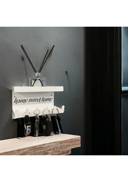 HOME SWEET HOME Duvara Monte Raflı ve 6 Kancalı Anahtarlık Askılık - Beyaz fırsatları
