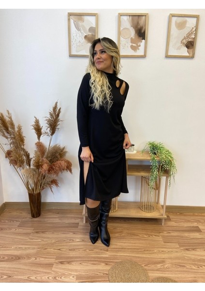 Kadın Uzun Kollu Balıkçı Yaka Omuzda Damla Detaylı Yırtmaçlı Krep Midi Elbise