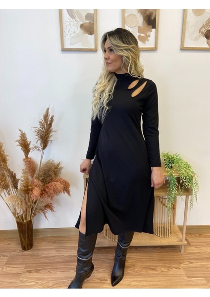 Kadın Uzun Kollu Balıkçı Yaka Omuzda Damla Detaylı Yırtmaçlı Krep Midi Elbise