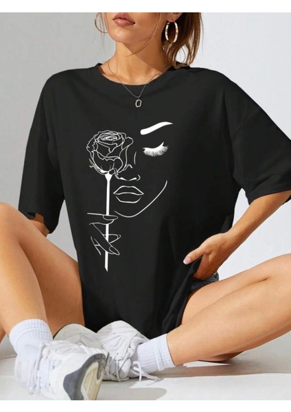 Baskılı Oversize T-Shirt - Siyah