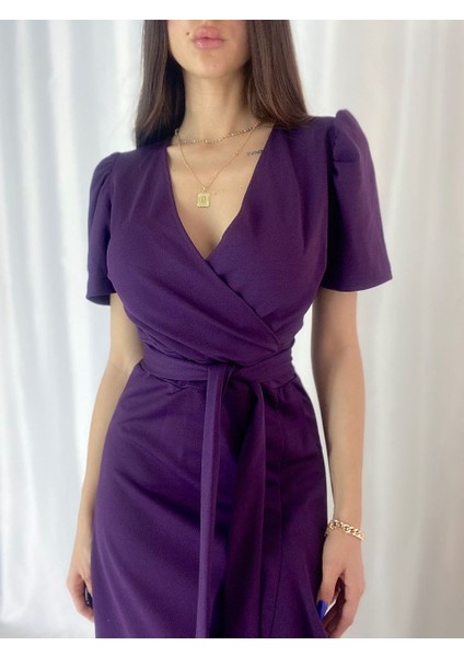 Kadın Kruvaze Yaka Midi Boy Kuşaklı Krep Elbise 120 cm