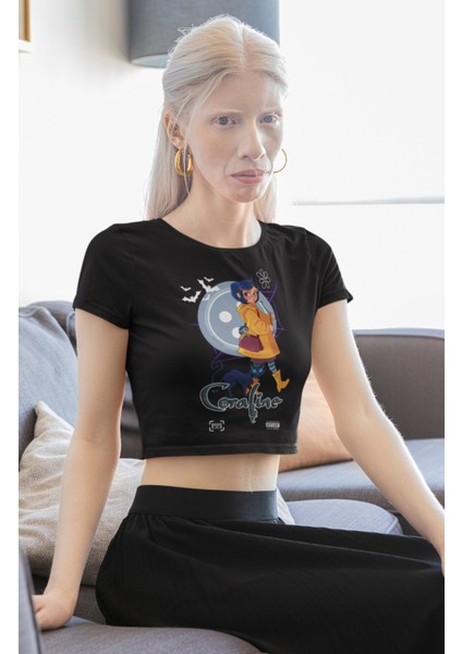 Coraline Baskılı Crop Top, Kadın Korku Film Temalı Crop Bluz
