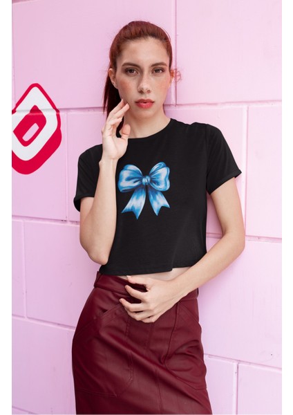 Mavi Kurdele Baskılı Crop Top, Kadın Blue Ribbon Baskılı Crop Bluz fiyatları