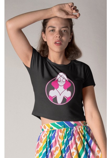 Pink Spider Gwen Baskılı Crop Top, Kadın Super Hero Spider Temalı Crop Bluz