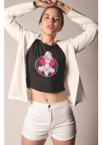 Pink Spider Gwen Baskılı Crop Top, Kadın Super Hero Spider Temalı Crop Bluz
