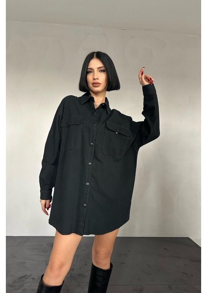 Siyah Çift Cep Kapaklı Çıtçıtlı Gömlek fırsatları