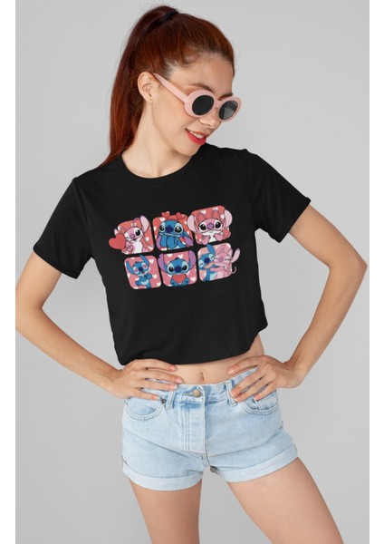 Stich ve Angel Kalp Baskılı Crop Top, Kadın Çizgi Film Temalı Crop Bluz