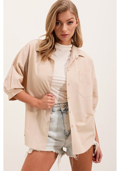 20213 Oversize Kısa Kol Basic Gömlek - Krem indirimleri