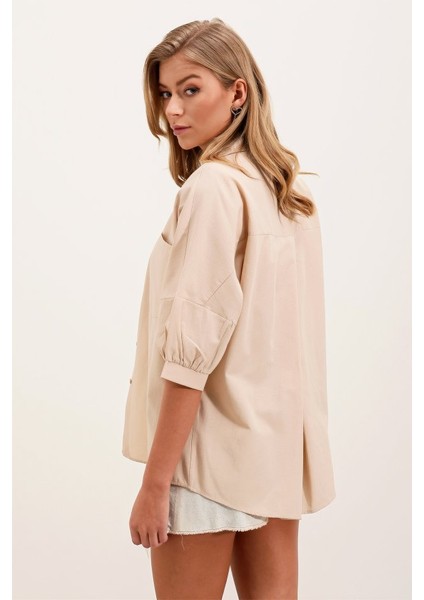 20213 Oversize Kısa Kol Basic Gömlek - Krem