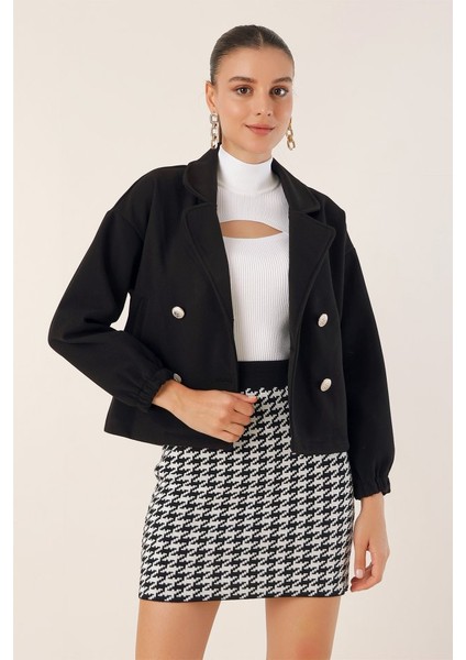 9117 Kruvaze Yaka Crop Ceket - Siyah modelleri