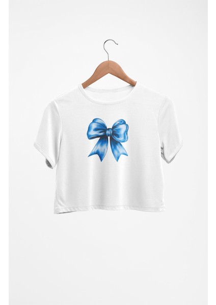 Mavi Kurdele Baskılı Crop Top, Kadın Blue Ribbon Baskılı Crop Bluz
