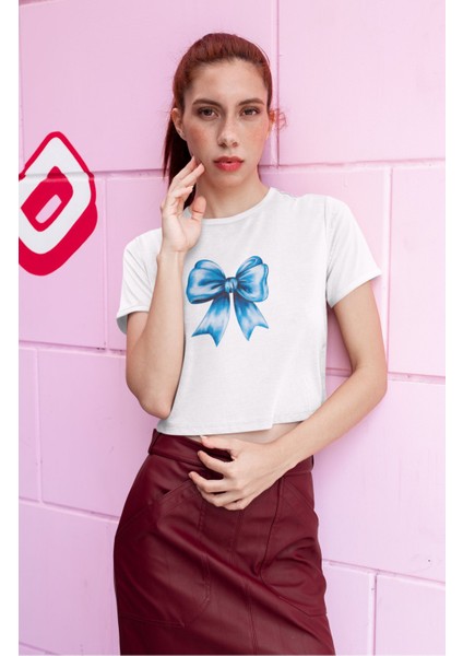 Mavi Kurdele Baskılı Crop Top, Kadın Blue Ribbon Baskılı Crop Bluz fiyatları