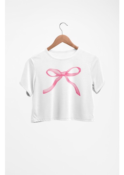 Pink Kurdele Baskılı Crop Top, Kadın Ribbon Baskılı Crop Bluz fiyatları