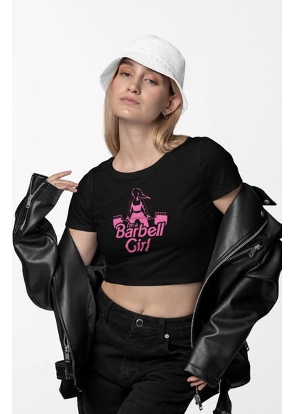 Barbell Girl Baskılı Crop Top, Kadın Gym Fitness Temalı Crop Bluz