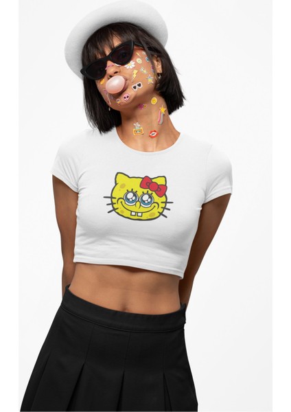 Sünger Bob Baskılı Crop Top, Kadın Hello Kitty Temalı Crop Bluz