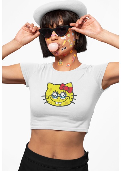 Sünger Bob Baskılı Crop Top, Kadın Hello Kitty Temalı Crop Bluz