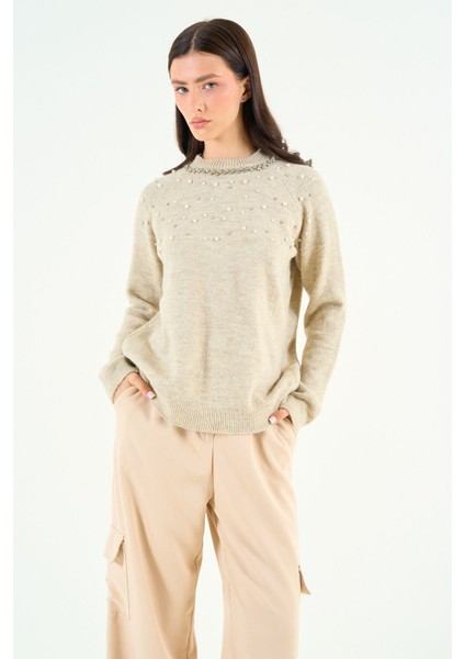 Açık Bej Bisiklet Yaka Taşlı Kazak TK241129