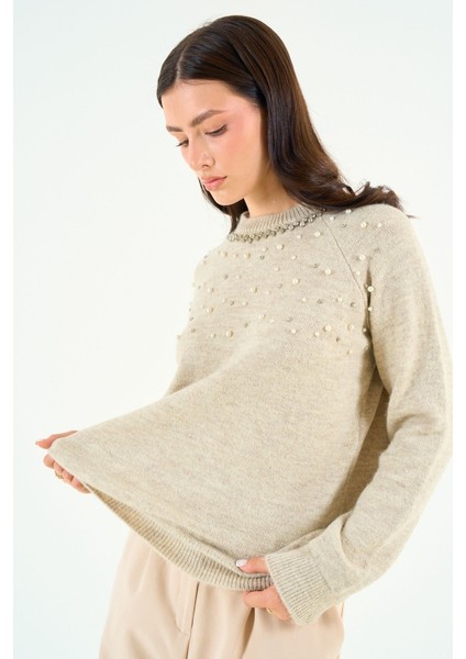 Açık Bej Bisiklet Yaka Taşlı Kazak TK241129 fiyatları