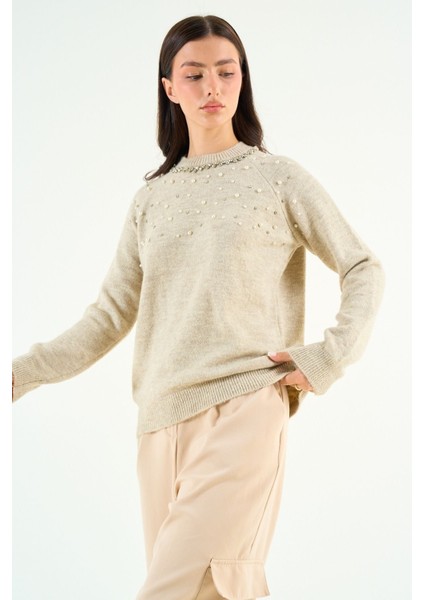 Açık Bej Bisiklet Yaka Taşlı Kazak TK241129 modelleri