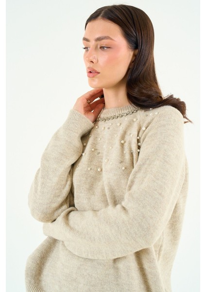 Açık Bej Bisiklet Yaka Taşlı Kazak TK241129 fırsatları