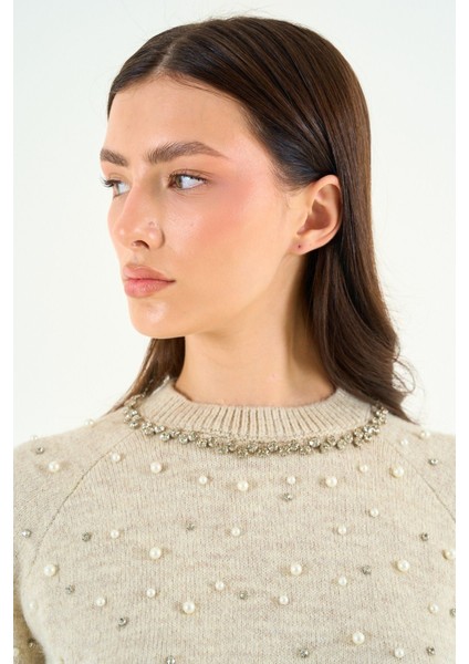 Açık Bej Bisiklet Yaka Taşlı Kazak TK241129 indirimleri