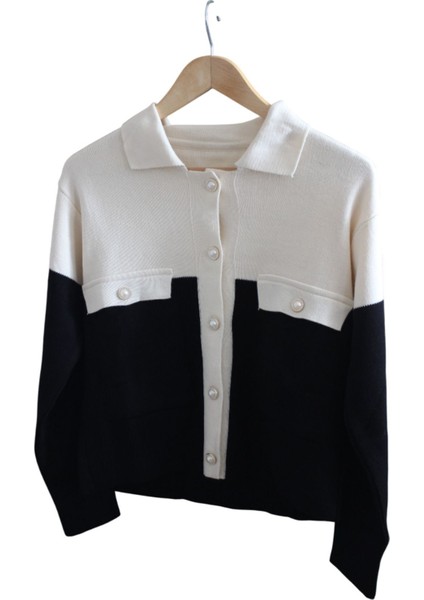 Kadın Çift Renkli Düğmeli Gömlek Yaka Hırka