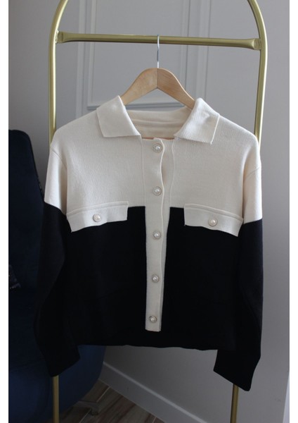 Kadın Çift Renkli Düğmeli Gömlek Yaka Hırka fiyatları