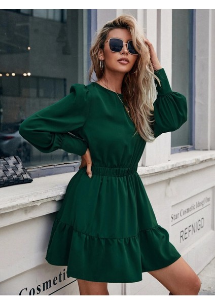 Kadın Uzun Kollu Bisiklet Yaka Beli Lastikli Fırfırlı Ithal Krep Elbise