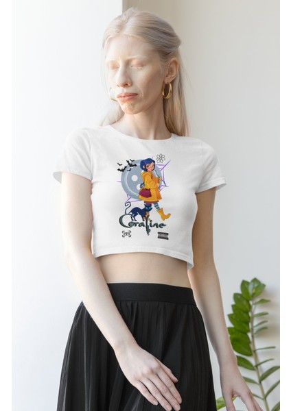 Coraline Baskılı Crop Top, Kadın Korku Film Temalı Crop Bluz fiyatları