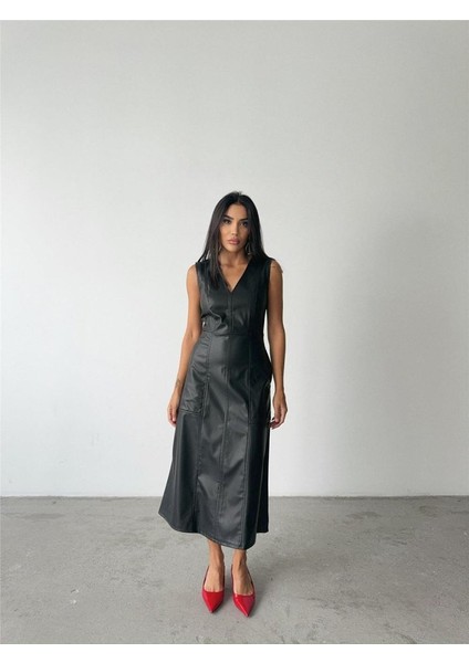 Askılı Deri Elbise Şanel Boy - Siyah modelleri
