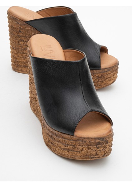 Nelly Siyah Cilt Hakiki Deri Kadın Dolgu Topuklu Terlik