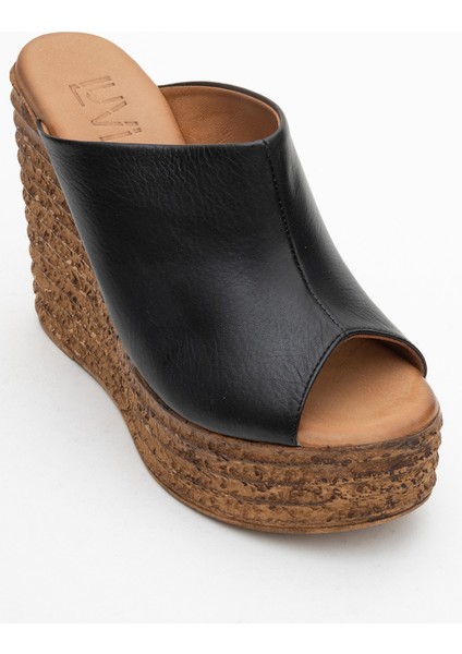 Nelly Siyah Cilt Hakiki Deri Kadın Dolgu Topuklu Terlik modelleri