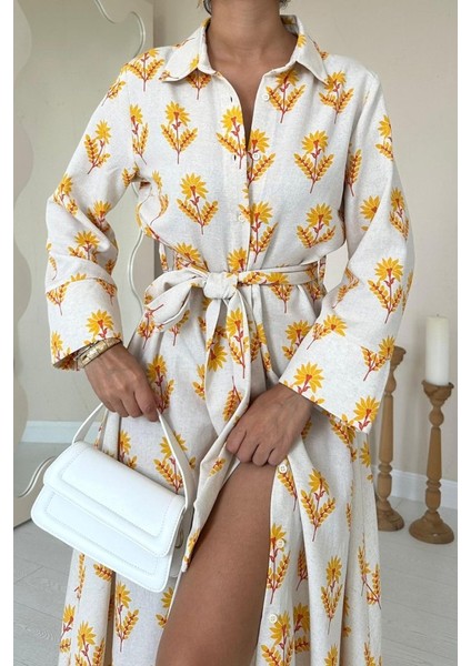 Bej Desenli ve Önü Düğmeli Keten Elbise modelleri