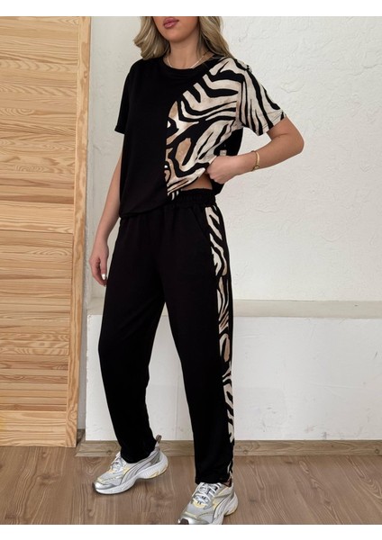 Kadın Bisiklet Yaka Kısa Kol Leopar Desen Bluz ve Pantolon Ikili Takım indirimleri