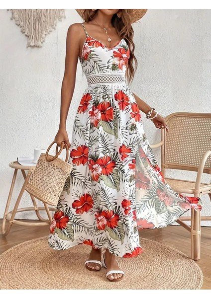 Kadın Ip Askılı V Yakalı Bel Güpür Çiçek Desenli Yandan Yırtmaçlı Maksi Süprem Elbise indirimleri