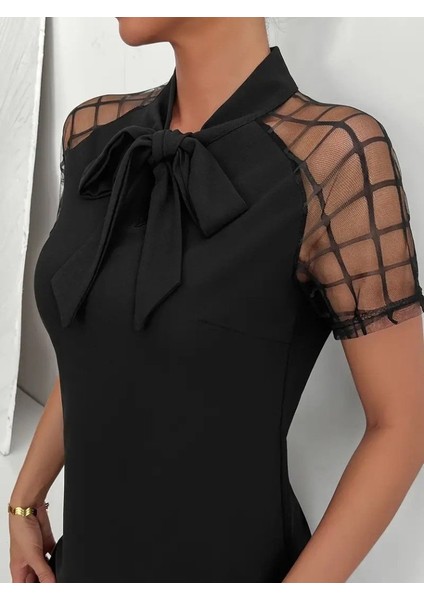 Kadın Kısa Kollu Boyundan Bağlamalı Omuzlarda Tül Detaylı Janjan Krep Elbise fiyatları