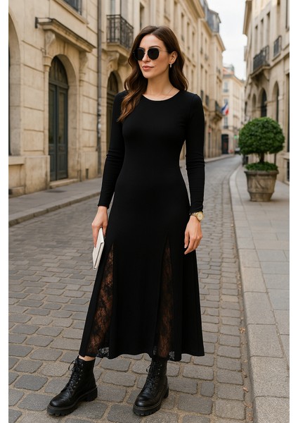 Kadın Uzun Kollu Bisiklet Yaka Sırt Dekolteli Dantel Yırtmaçlı Uzun Krep Elbise