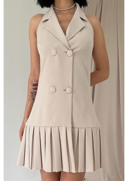 Bej Sırtı Açık Ceket Yakalı Elbise modelleri