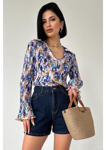 Lila Piliseli Çiçek Desen Gömlek