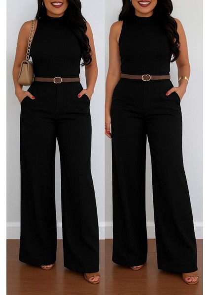 Kadın Yüksek Bel Geniş Paça Detaylı Cepli Ithal Krep Pantolon